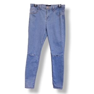Forever 21 Ripped Knee Skinny Jeans Blue Destroyed High Rise Denim Size 28